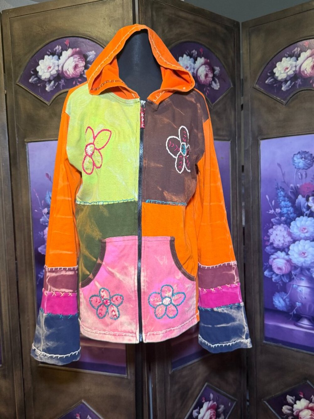 KPC Patchwork Floral Embroidered Orange Boho Hippie Zip Hoodie L/XL